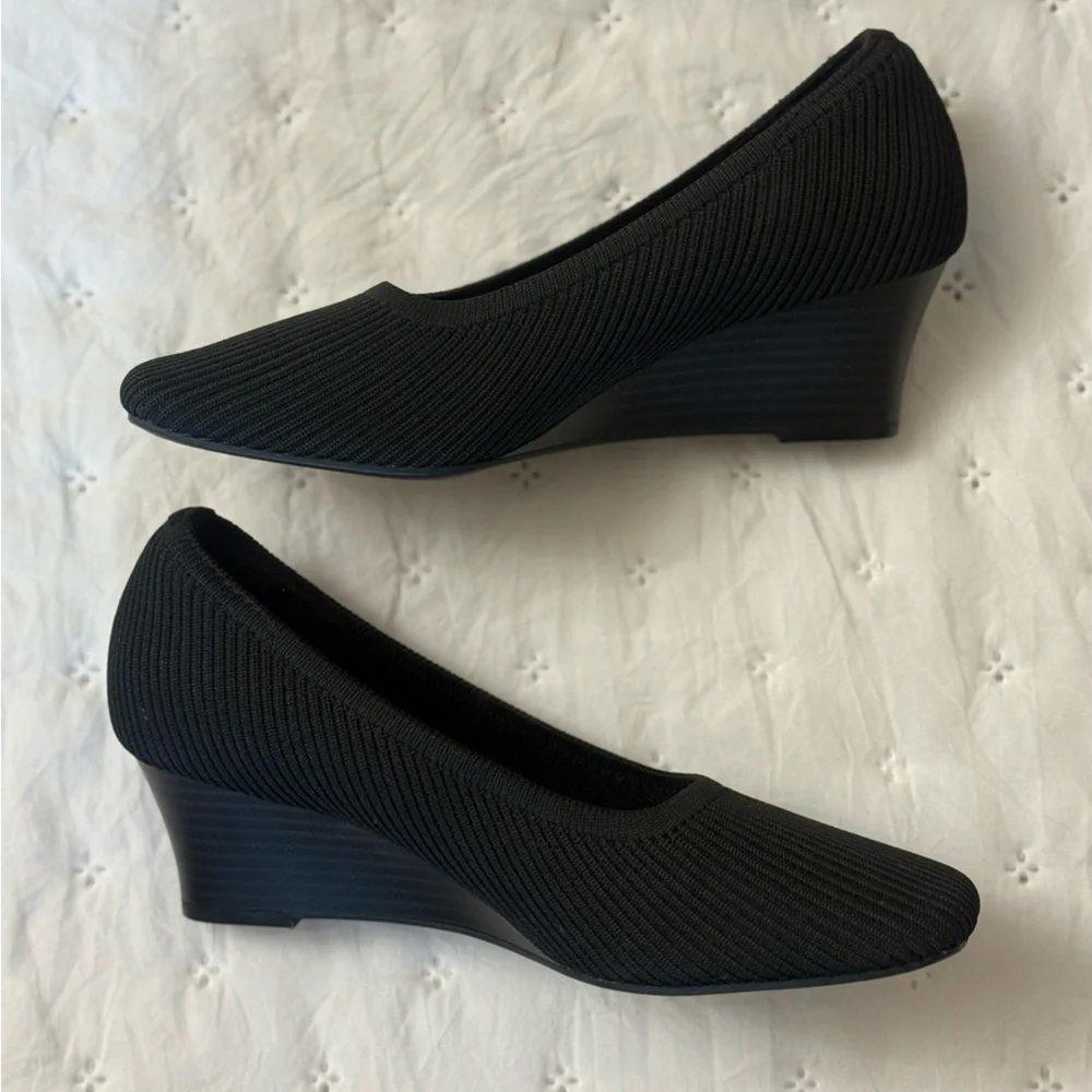 ViVAIA Woman’s Margo Pump Size 36.5 Black Knit Wedge Heel Shoe Square Toe Comfy